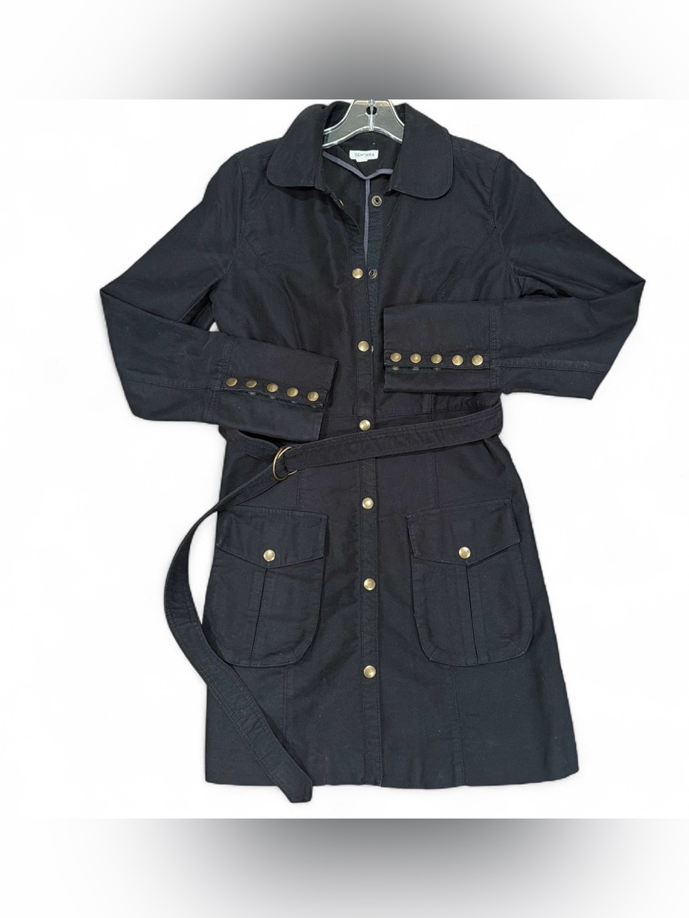 Vintage Generra Black 100% Cotton Midi Coat w/ Gold Button Accents and Belt